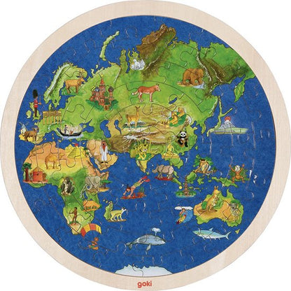 GOKI Puzzel - Wereldbol - 57 Stukjes - Tweezijdig - Hout - 6 Jaar