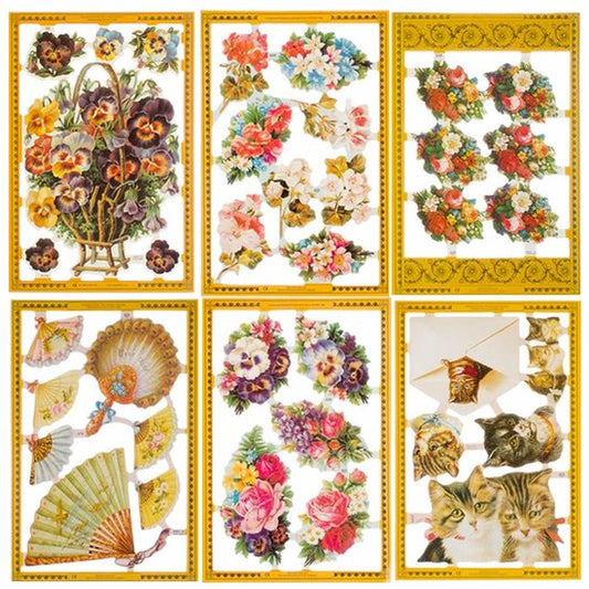 Poëzieplaatjes - 6 vellen - plaatjes - hobby - creatief - decoupage - knutselen - scrapboek - Viooltjes - Waaiers - Katten - Bloemen
