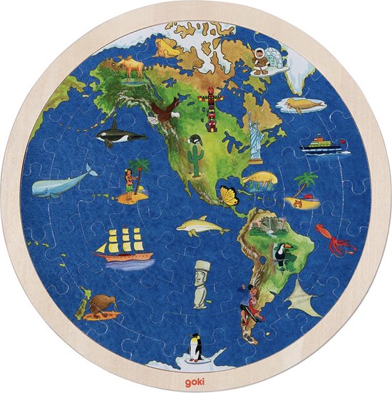 GOKI Puzzel - Wereldbol - 57 Stukjes - Tweezijdig - Hout - 6 Jaar
