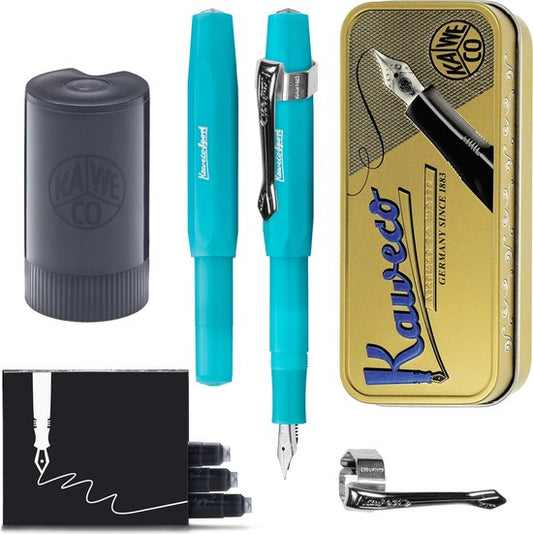 Kaweco - Cadeauset - (5delig) - Vulpen FROSTED SPORT BLUE BERRY Fountain Pen - Medium - Vintage blikje - Nostalgic Octagonal Clip Chrome - Patronen houder - Vullingen