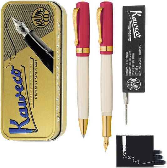 Kaweco - set - Vulpen en Balpen - Student 30's Blues - Cerise rood in vintage blikje - doosje G2 Zwarte balpenvulling - doosje vulpeninkt