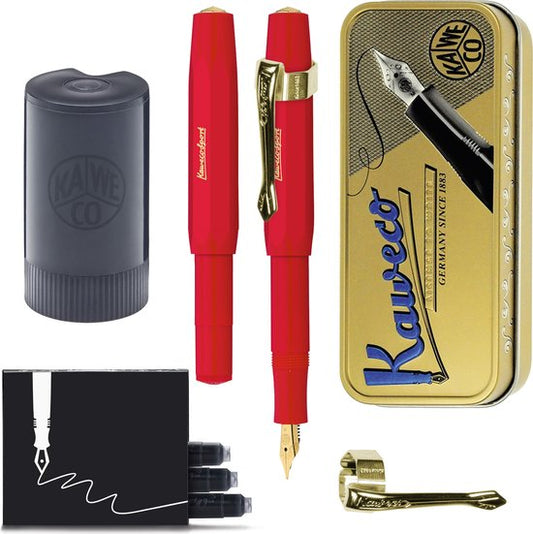 Kaweco - Cadeauset - (5delig) - Vulpen CLASSIC SPORT ROOD Fountain Pen - Extra Fine - Vintage blikje - Nostalgie Oktogonal Clip Vergoldet - Patronen houder - Vullingen