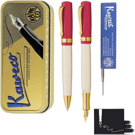 Kaweco - set - Vulpen en Balpen - Student 30's Blues - Cerise rood in vintage blikje - doosje G2 Blauwe balpenvulling - doosje vulpeninkt