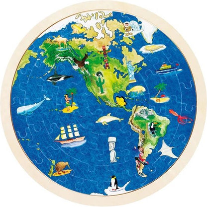 GOKI Puzzel - Wereldbol - 57 Stukjes - Tweezijdig - Hout - 6 Jaar