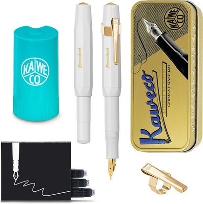 Kaweco - Cadeauset - (5delig) - Vulpen CLASSIC SPORT WIT Fountain Pen - Extra Breed - Vintage blikje - Oktogonal Clip Vergoldet - Patronen houder TURKOISE - Vullingen
