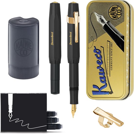Kaweco - Cadeauset - (5delig) - Vulpen CLASSIC SPORT ZWART Fountain Pen - Breed - Vintage blikje - Oktogonal Clip Vergoldet - Patronen houder zwart - Vullingen