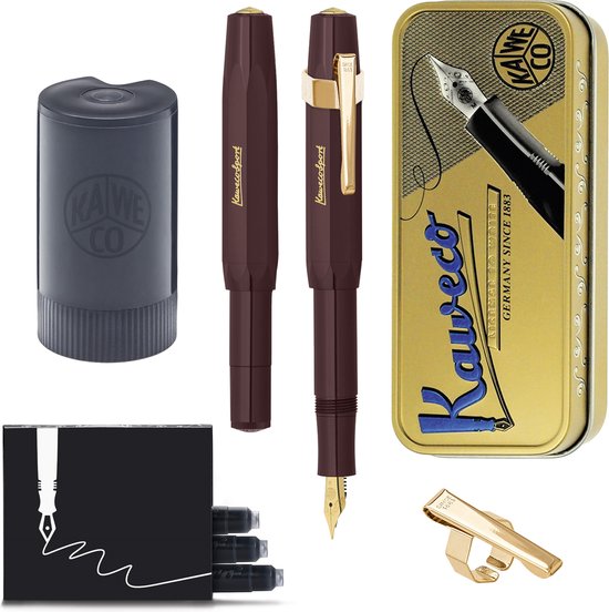 Kaweco - Cadeauset - (5delig) - Vulpen CLASSIC SPORT BORDEAUX Fountain Pen - Extra Breed - Vintage blikje - Oktogonal Clip Vergoldet - Patronen houder zwart - Vullingen