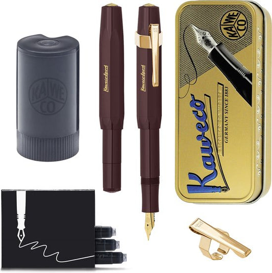 Kaweco - Cadeauset - (5delig) - Vulpen CLASSIC SPORT BORDEAUX Fountain Pen - Extra Breed - Vintage blikje - Oktogonal Clip Vergoldet - Patronen houder zwart - Vullingen