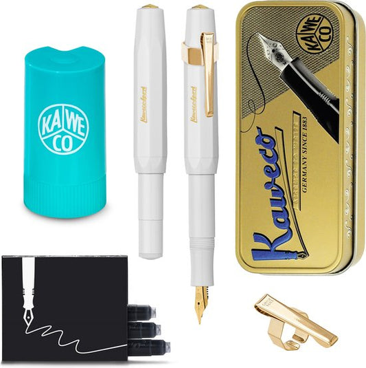 Kaweco - Cadeauset - (5delig) - Vulpen CLASSIC SPORT WIT Fountain Pen - Extra Fine - Vintage blikje - Oktogonal Clip Vergoldet - Patronen houder TURKOISE - Vullingen