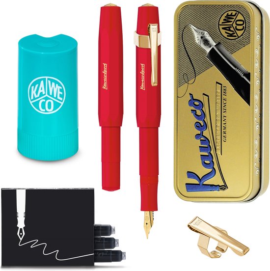 Kaweco - Cadeauset - (5delig) - Vulpen CLASSIC SPORT ROOD Fountain Pen - Breed - Vintage blikje - Oktogonal Clip Vergoldet - Patronen houder TURKOISE - Vullingen