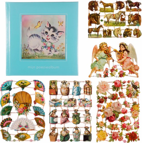 Poëziealbum - 16x16 - Lichtblauw Poes met vlinders - met 5 vellen Poëzieplaatjes - Versjes - Gedicht - Cadeau - Sint - Geschenk - Knutselen - Hobby - Creatief - Scrapbook - Poezie