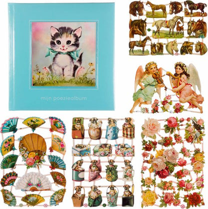 Poëziealbum - 16x16 - Lichtblauw Poes met blauwe strik - met 5 vellen Poëzieplaatjes - Versjes - Gedicht - Cadeau - Sint - Geschenk - Knutselen - Hobby - Creatief - Scrapbook - Poezie