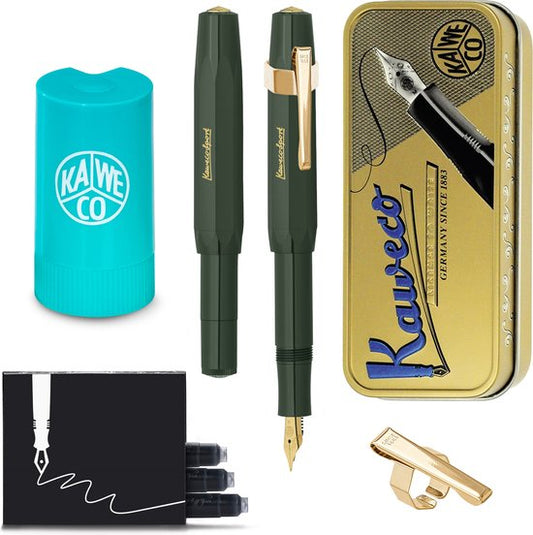 Kaweco - Cadeauset - (5delig) - Vulpen CLASSIC SPORT GROEN Fountain Pen - Extra Fine - Vintage blikje - Oktogonal Clip Vergoldet - Patronen houder TURKOISE - Vullingen