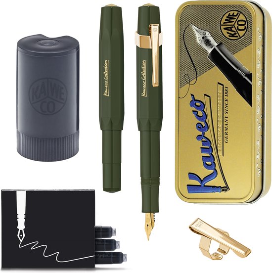 Kaweco - Cadeauset - (5delig) - Vulpen CLASSIC SPORT GROEN Fountain Pen - Fine - Vintage blikje - Oktogonal Clip Vergoldet - Patronen houder zwart - Vullingen
