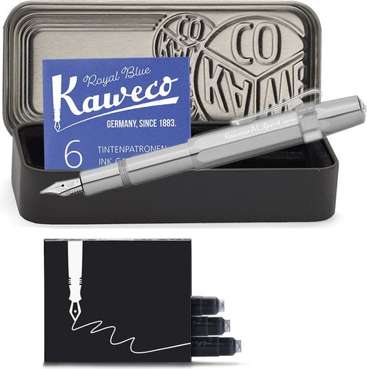 Kaweco - Cadeauset - 4delig - Kaweco AL SPORT Fountain Pen CHROME MAT vulpen vulpen - Medium - Nostalgic Octagonal Clip Chrome - Zwart Vintage blikje - Doosje Royal Blue - Doosje zwarte Vullingen