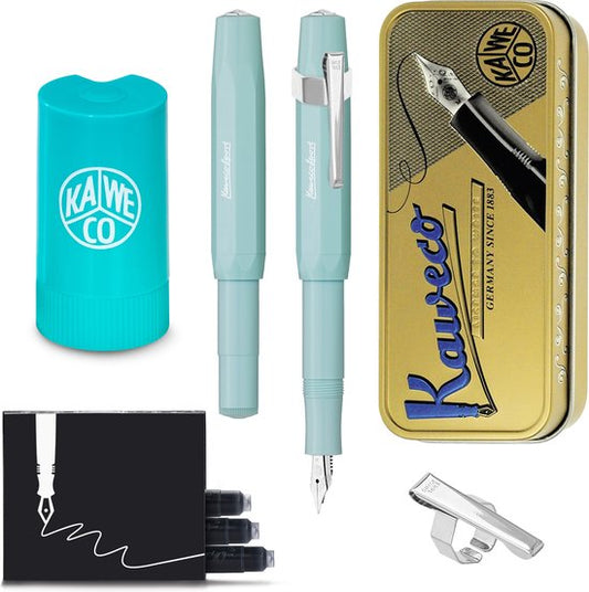 Kaweco - Cadeauset - (5delig) - Vulpen Sport Skyline Mint Fountain Pen - Breed - Oktogonal Clip Chrome -  Patronen houder TURKOISE - Vullingen