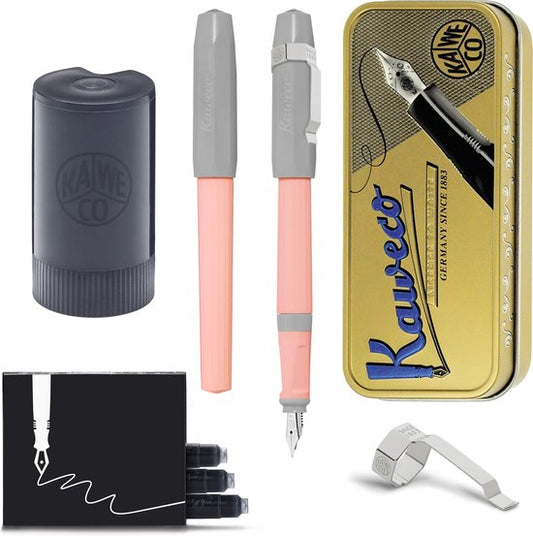 Kaweco - Cadeauset - Vintage blikje - Vulpen met Clip -  Perkeo Cotton Candy Grey Pink - Roze/Grijs - Medium - Zwarte Twister - Doosje vullingen