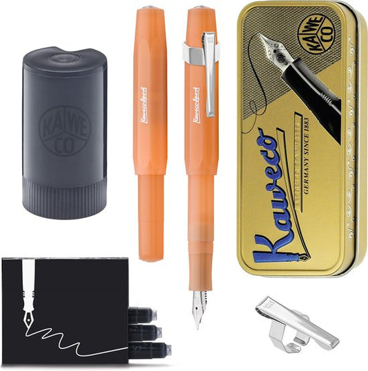 Kaweco - Cadeauset - (5delig) - Vulpen FROSTED SPORT MANDARIN Fountain Pen - Fine - Vintage blikje - Oktogonal Clip Chrome - Patronen houder zwart - Vullingen