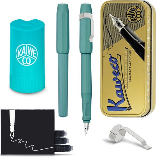 Kaweco - Cadeauset - Vintage blikje - Vulpen met Clip -  Perkeo Breezy Teal - Groen - Medium - Turkoise Twister - Doosje vullingen