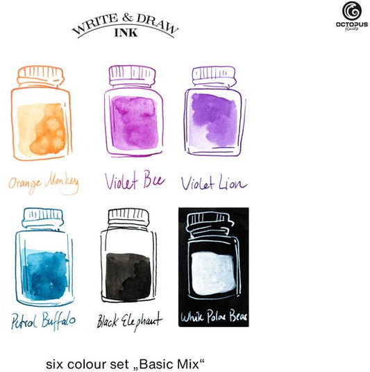 Octopus Write and Draw Ink Set BASIC MIX, watervaste inkt voor schrijven en tekenen, kalligrafie inkt, lichtechte tekeninkt voor vulpen, glaspen, penseel, 6 x 10 ml