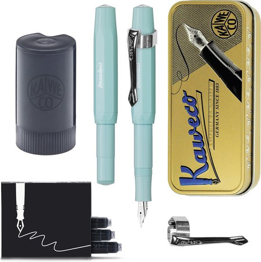 Kaweco - Cadeauset - (5delig) - Vulpen Sport Skyline Mint Fountain Pen - Medium - Vintage blikje - Nostalgic Octagonal Clip Chrome - Gevulde Inkt Patronen houder - Doosje Vullingen
