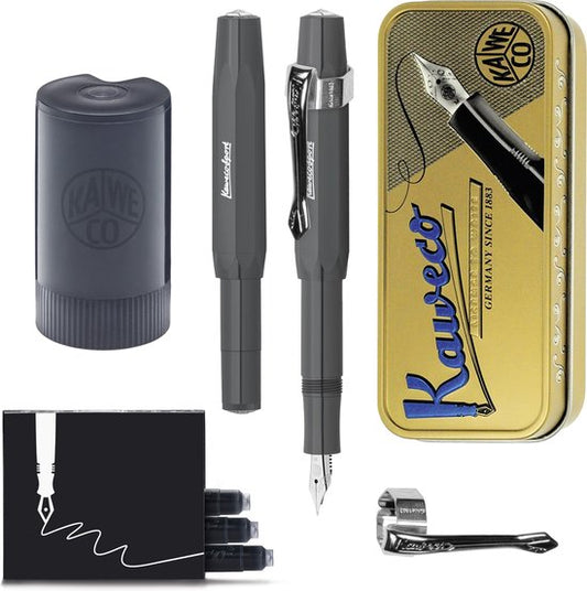 Kaweco - Cadeauset - (5delig) - Vulpen Sport Skyline Grijs Fountain Pen - Extra Breed - Vintage blikje - Nostalgic Octagonal Clip Chrome - Gevulde Inkt Patronen houder - Doosje Vullingen