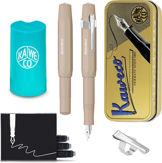 Kaweco - Cadeauset - (5delig) - Vulpen Sport Skyline Macchiato Fountain Pen - Extra Breed - Oktogonal Clip Chrome -  Patronen houder TURKOISE - Vullingen