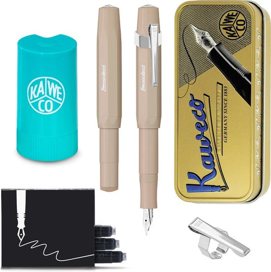 Kaweco - Cadeauset - (5delig) - Vulpen Sport Skyline Macchiato Fountain Pen - Extra Breed - Oktogonal Clip Chrome -  Patronen houder TURKOISE - Vullingen