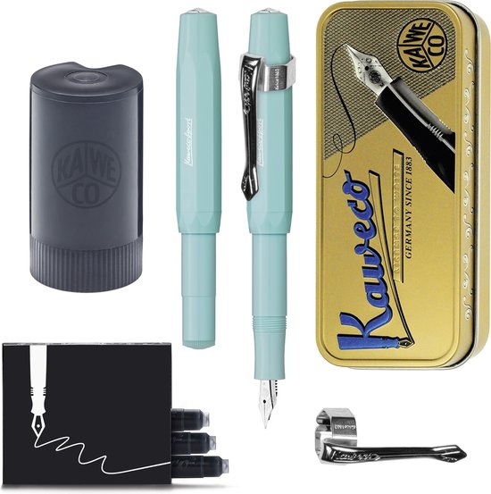 Kaweco - Cadeauset - (5delig) - Vulpen Sport Skyline Mint Fountain Pen - Breed - Vintage blikje - Nostalgic Octagonal Clip Chrome - Gevulde Inkt Patronen houder - Doosje Vullingen