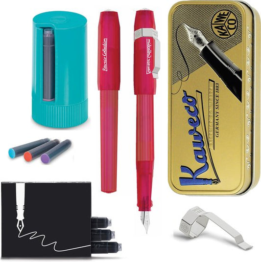 Kaweco - Vulpen Perkeo INFRARED - FINE - Tin Box long - Clip Silver - Dispenser Twist & Out with 8 colours cartridges - doosje zwarte Vulpeninkt