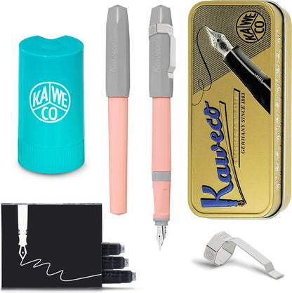 Kaweco - Cadeauset - Vintage blikje - Vulpen met Clip -  Perkeo Cotton Candy Grey Pink - Roze/Grijs - Medium - Turkoise Twister - Doosje vullingen