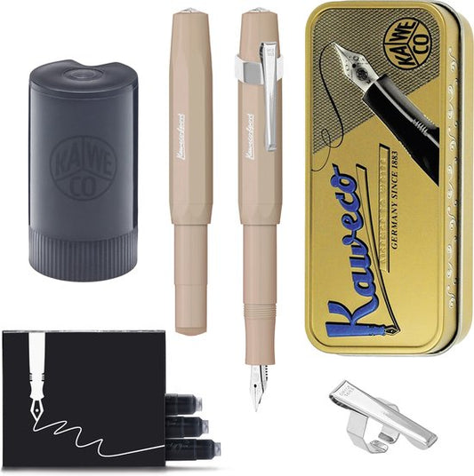 Kaweco - Cadeauset - (5delig) - Vulpen Sport Skyline Macchiato Fountain Pen - Fine - Oktogonal Clip Chrome -  Patronen houder zwart - Vullingen