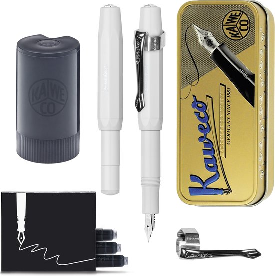 Kaweco - Cadeauset - (5delig) - Vulpen Sport Skyline Wit Fountain Pen - Medium - Vintage blikje - Nostalgic Octagonal Clip Chrome - Gevulde Inkt Patronen houder - Doosje Vullingen