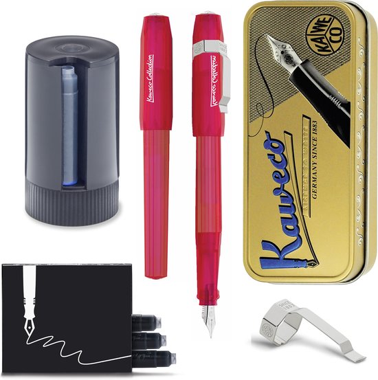 Kaweco - Vulpen Perkeo INFRARED - FINE - Tin Box long - Clip Silver - Dispenser Twist & Out silver with 8 blue cartridges - doosje zwarte Vulpeninkt