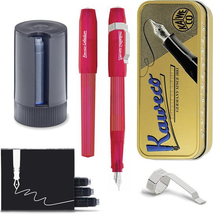 Kaweco - Vulpen Perkeo INFRARED - FINE - Tin Box long - Clip Silver - Dispenser Twist & Out silver with 8 blue cartridges - doosje zwarte Vulpeninkt