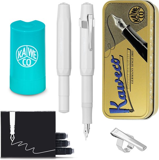 Kaweco - Cadeauset - (5delig) - Vulpen Sport Skyline Wit Fountain Pen - Medium - Oktogonal Clip Chrome -  Patronen houder TURKOISE - Vullingen