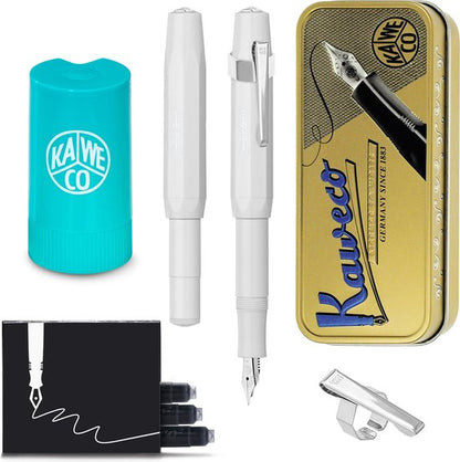 Kaweco - Cadeauset - (5delig) - Vulpen Sport Skyline Wit Fountain Pen - Medium - Oktogonal Clip Chrome -  Patronen houder TURKOISE - Vullingen