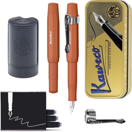 Kaweco - Cadeauset - (5delig) - Vulpen Sport Skyline FOX Fountain Pen - Extra Breed - Vintage blikje - Nostalgic Octagonal Clip Chrome - Gevulde Inkt Patronen houder - Doosje Vullingen