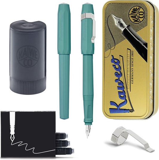 Kaweco - Cadeauset - Vintage blikje - Vulpen met Clip -  Perkeo Breezy Teal - Groen - Fine - Zwarte Twister - Doosje vullingen