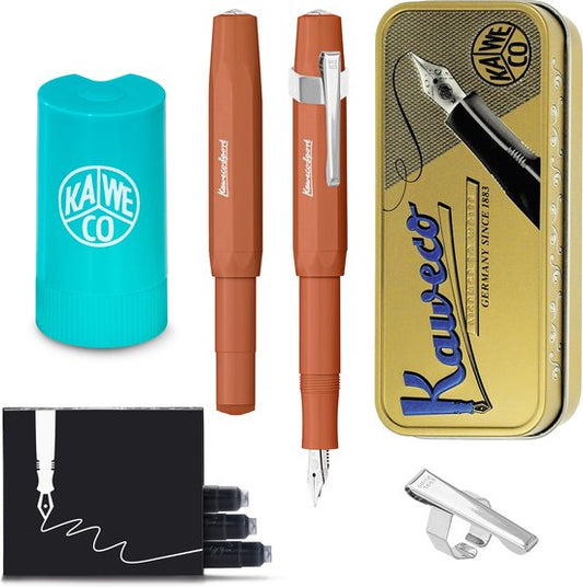 Kaweco - Cadeauset - (5delig) - Vulpen Sport Skyline FOX Fountain Pen - Fine - Oktogonal Clip Chrome -  Patronen houder TURKOISE - Vullingen