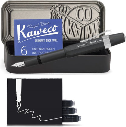 Kaweco - Cadeauset - 4delig - Kaweco AL SPORT Fountain Pen Zwart vulpen - Medium - Nostalgic Octagonal Clip Chrome - Zwart Vintage blikje - Doosje Royal Blue - Doosje zwarte Vullingen