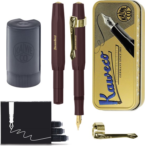 Kaweco - Cadeauset - (5delig) - Vulpen CLASSIC SPORT BORDEAUX Fountain Pen - Extra Fine - Vintage blikje - Nostalgie Oktogonal Clip Vergoldet - Patronen houder - Vullingen
