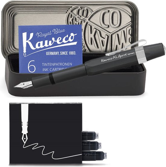 Kaweco - Cadeauset - 4delig - Kaweco AL SPORT Fountain Pen Zwart vulpen - Extra Breed - Nostalgic Octagonal Clip Chrome - Zwart Vintage blikje - Doosje Royal Blue - Doosje zwarte Vullingen