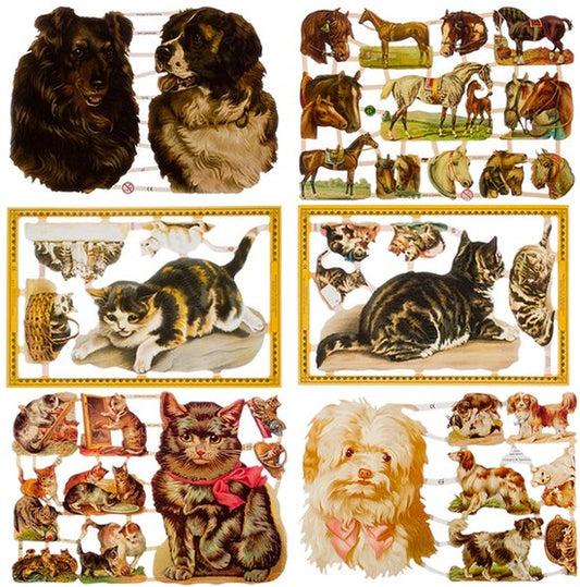 Poëzieplaatjes - 6 vellen - plaatjes - hobby - creatief - decoupage - knutselen - scrapboek - met HONDEN - PAARDEN - POEZEN