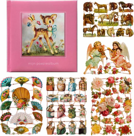 Poëziealbum - 16x16 - Lichtroze - Hertje met vlinders - met 5 vellen Poëzieplaatjes - Versjes - Gedicht - Cadeau - Sint - Geschenk - Knutselen - Hobby - Creatief - Scrapbook - Poezie