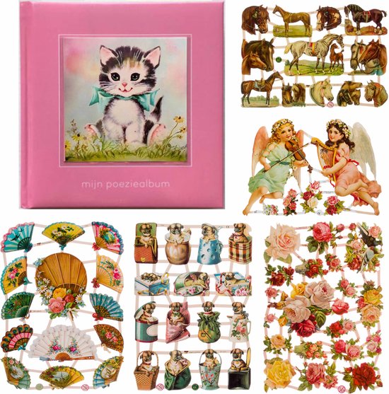 Poëziealbum - 16x16 - Lichtroze - Poes met blauwe strik - met 5 vellen Poëzieplaatjes - Versjes - Gedicht - Cadeau - Sint - Geschenk - Knutselen - Hobby - Creatief - Scrapbook - Poezie