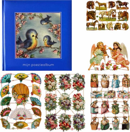 Poëziealbum - 16x16 - Donkerblauw - Vogels - met 5 vellen Poëzieplaatjes - Versjes - Gedicht - Cadeau - Sint - Geschenk - Knutselen - Hobby - Creatief - Scrapbook - Poezie