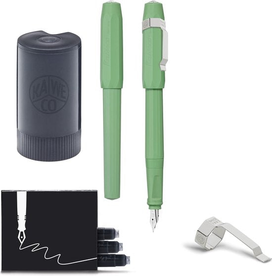 Kaweco - 1 Vulpen met Clip - Jungle Green - Lichtgroen - Medium - Zwarte Twister - Doosje vullingen