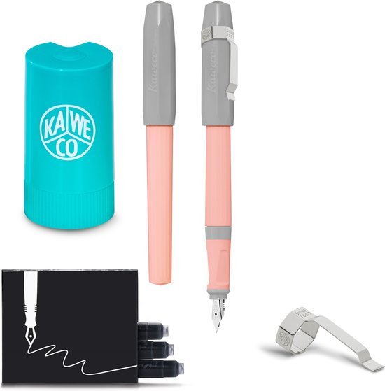 Kaweco - 1 Vulpen met Clip - Perkeo Cotton Candy Grey Pink - Roze/Grijs - Medium - Turkoise Twister - Doosje vullingen
