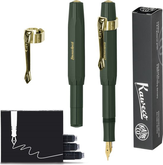 Kaweco  (3delig) - Vulpen CLASSIC SPORT GROEN Fountain Pen - Breed - Nostalgie Oktogonal Clip Vergoldet - Doosje Vullingen